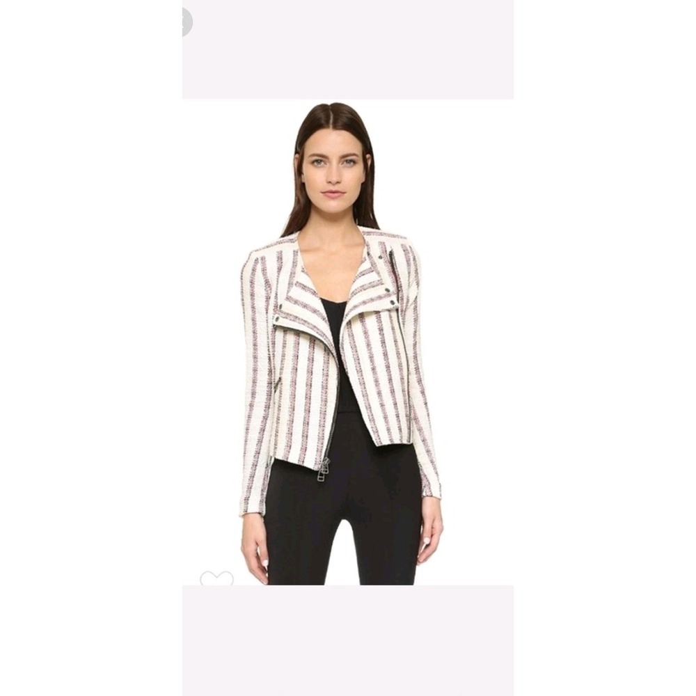 NWT Veronica Beard Mara Moto Jacket Stripe Size 6 Linen Blend White Red